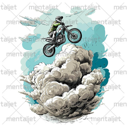 Gift for a motorcyclist, Motorcycle illustration, Motorbike jump above the clouds, Moto race and speed lovers - Men's classic tee