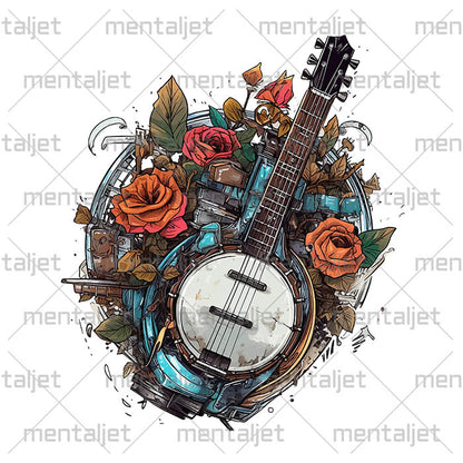 Banjo and flowers art, Musical instruments, Banjo illustration in rouses, PNG sublimation designs