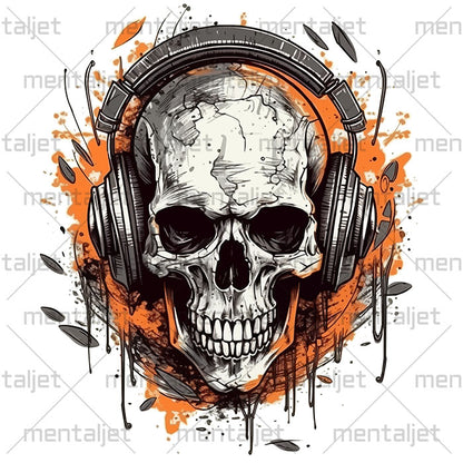 Illustration skull in headphones, Rock and roll skull, Head skull portrait, Music horror, Sound track and hard rock skull - White glossy mug