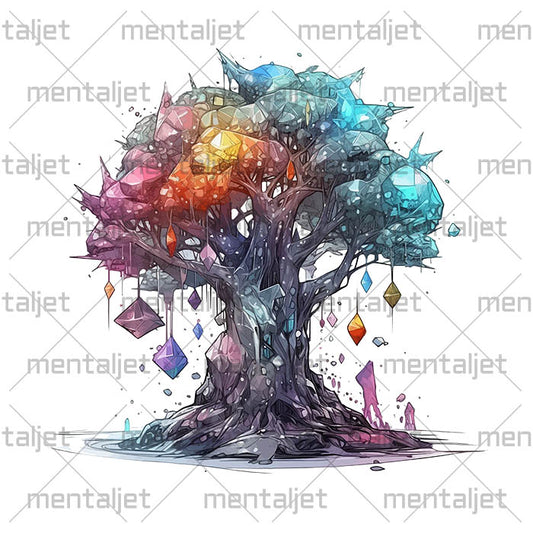 Fantasy crystal tree, Fantastic tree abstract illustration, Futuristic art painting, Tree of the future art