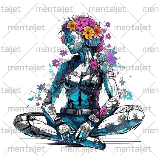 Girl in flowers illustration, Yoga pose, Woman yoga, Fitness art, Health art, Cyber yoga, Hi-tech, PNG download