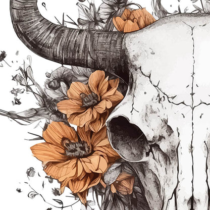 Flowers illustration, Bull skull in flower art, Bull portrait with horns, Printable PNG, Bull skull for wall art