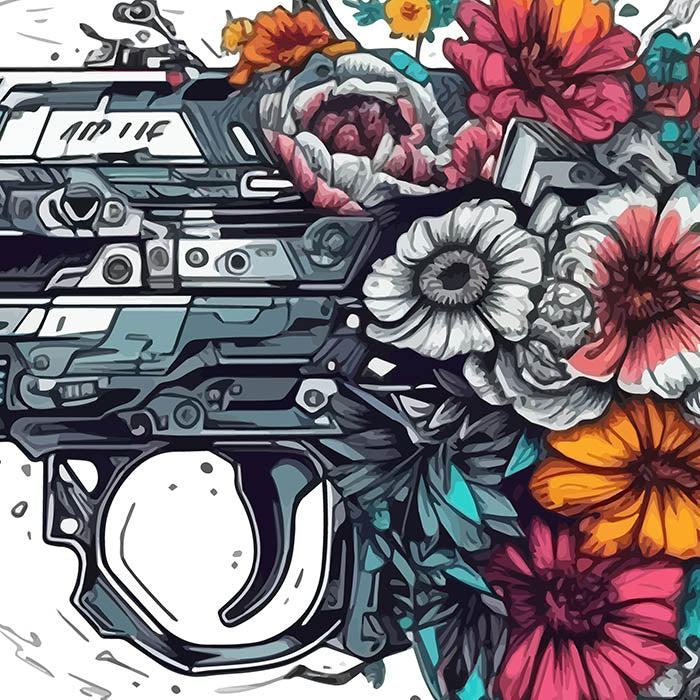 Gun and flowers illustration, Flowers composition, Fantastic weapon art, Hi-tech and cyberpunk design, Pistol art in PNG