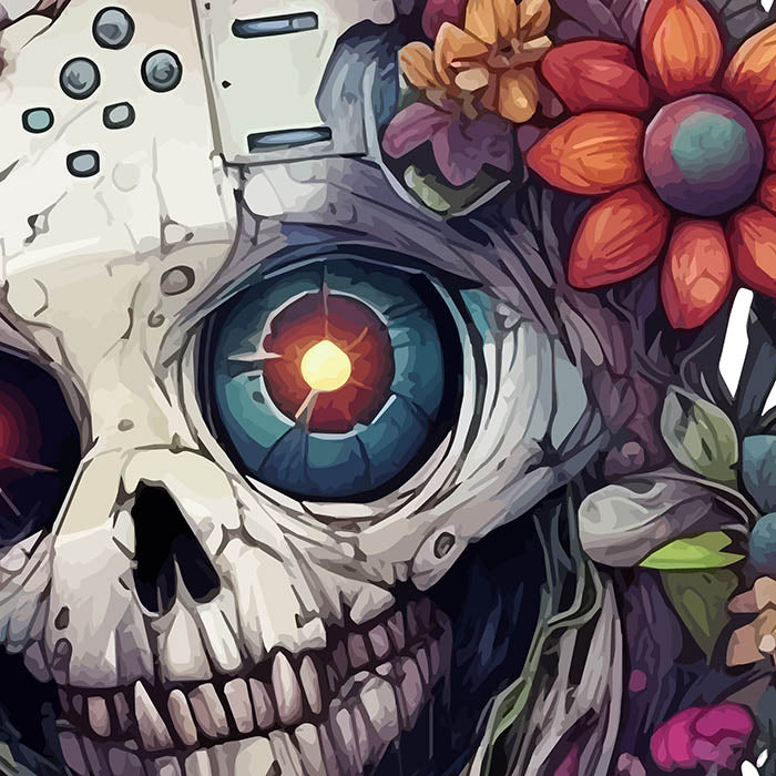 Monster skull and flowers art, Hi-tech and cyberpunk design, Fantastic illustration, Mutant skull for wall and t-shirt art