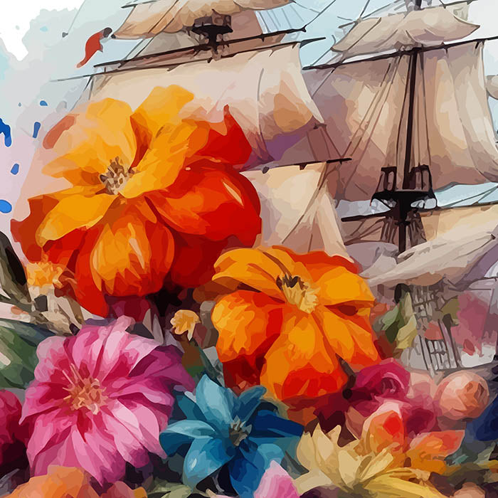 Frigate and flowers, Ship with sails flowers art composition, Sailboat illustration - White glossy mug