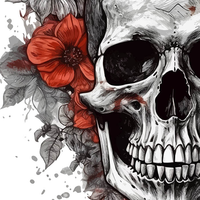 Flowers and skull illustration, Skull head portrait, Horror art, Smile skull, Black and red colors - White glossy mug