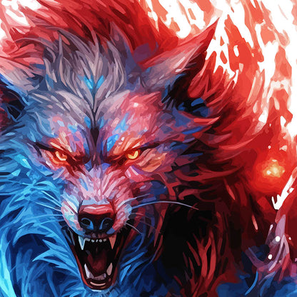 Fantastic wolf on fire, Fabulous and fantasy animals, Werewolf in blue and red flames, Mutant predator and claws of the beast - Men's classic tee