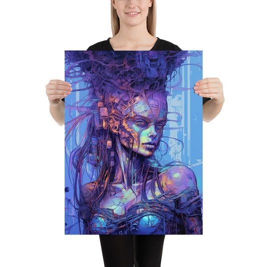 Hyper Realistic sci-fi futuristic girl, Blue and purple colors, Fantasy woman, Cyberpunk manga style, Electronic fantastic constructions - Poster