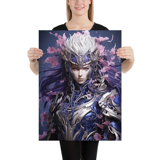Fantasy character from warrior legend, Girl in blue and purple colors, Woman in silver armor and flowers, Manga style master of magic - Poster