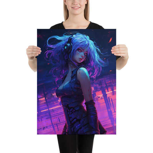Android girl in headphones with blue hair, Neon urban style, Anime art, Purple color electronic background, Fantastic woman - Poster
