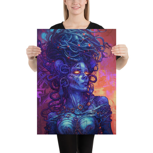 Cyber Medusa Gorgon in cyberpunk futurism style, Hyper detailed illustrations, Fantasy realism, Dark azure and bronze, Woman Structured chaos, Fantastic girl techno witch - Poster