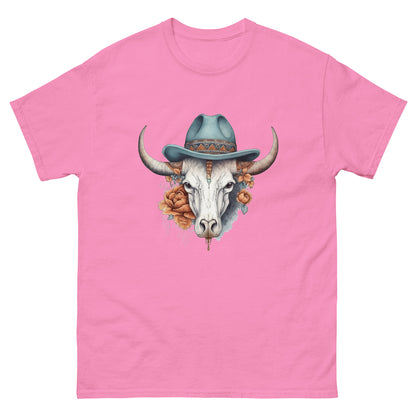 Bull in hat and flowers, T-shirt gifts for farmer, Portrait cow, Horned buffalo, Folk and country style - Men's classic tee