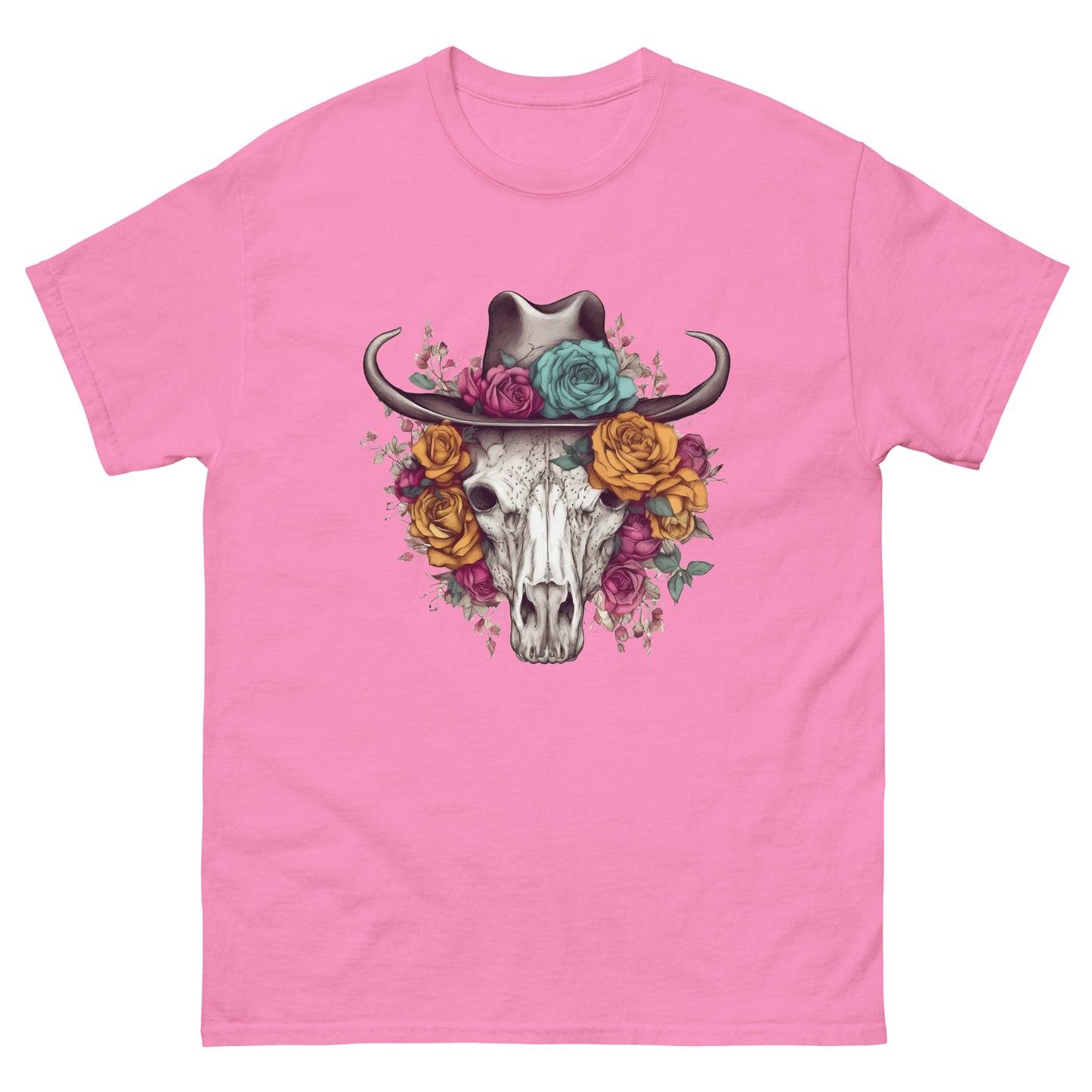 Flowers illustration and bull skull, Horned hat, Bull skull in hat and flowers, Farm portrait on a t-shirt, Folk and country style - Men's classic tee
