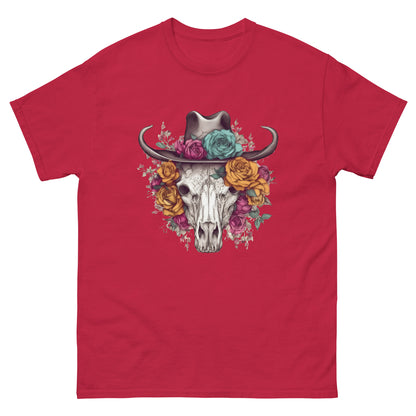 Flowers illustration and bull skull, Horned hat, Bull skull in hat and flowers, Farm portrait on a t-shirt, Folk and country style - Men's classic tee