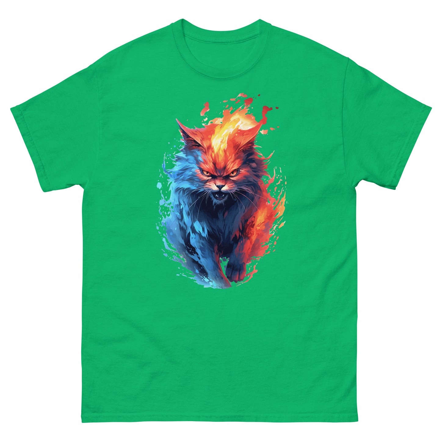 Cat on fire, Angry wild cat with red eyes, Fluffy predator in red and blue flames, Soft hot paws and whiskers and claws - Men's classic tee