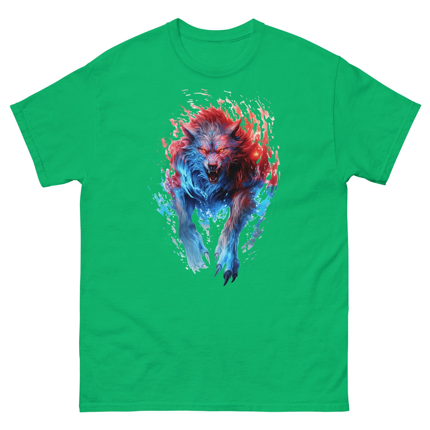 Fantastic wolf on fire, Fabulous and fantasy animals, Werewolf in blue and red flames, Mutant predator and claws of the beast - Men's classic tee