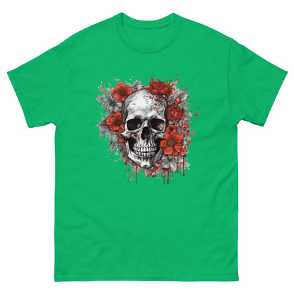 Flowers and skull illustration, Skull head portrait, Horror art, Smile skull, Black and red colors - Men's classic tee