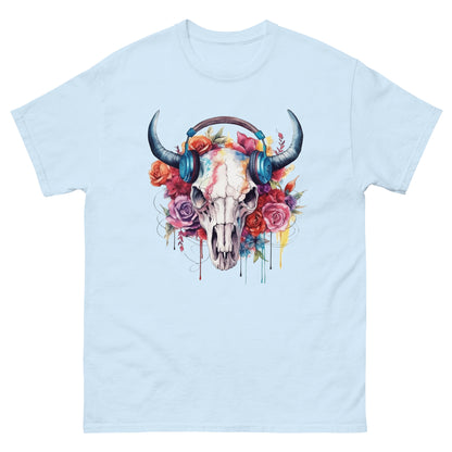 Bull skull in headphones and flowers art, Portrait cow, Flowers illustration - Men's classic tee