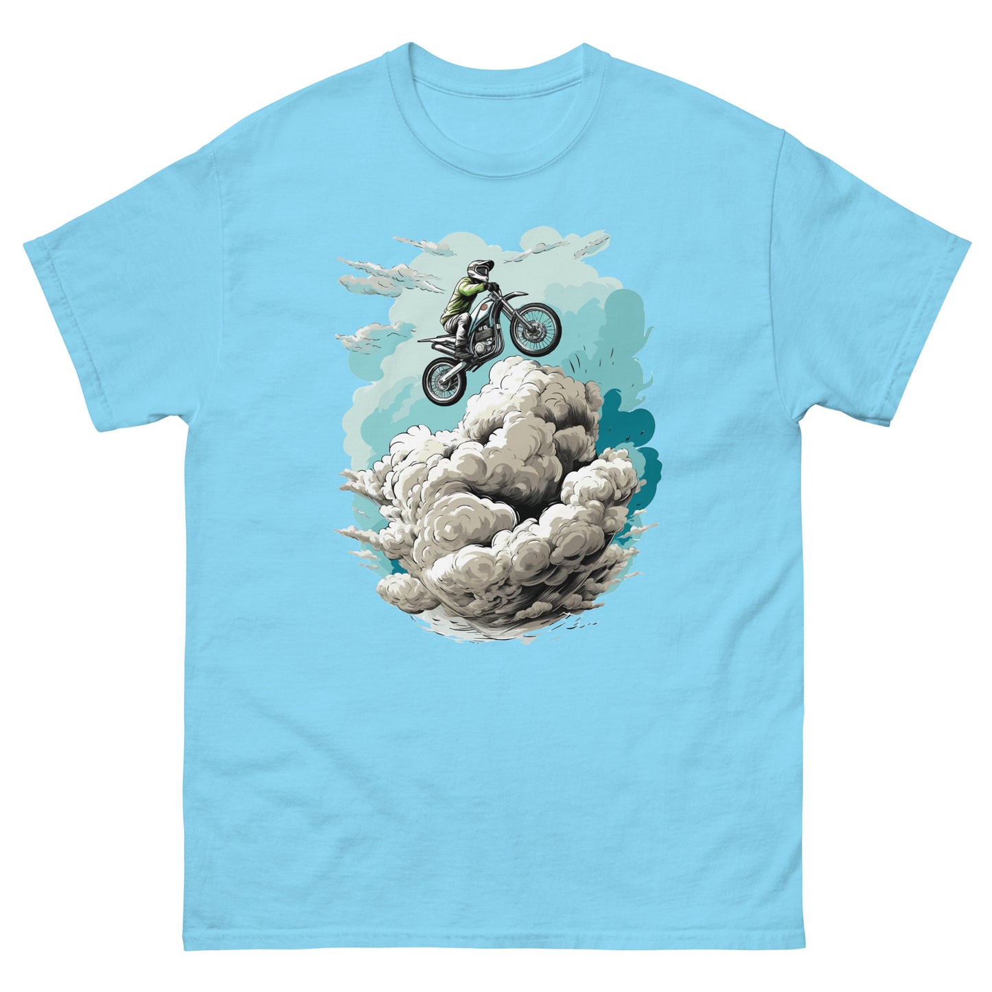 Gift for a motorcyclist, Motorcycle illustration, Motorbike jump above the clouds, Moto race and speed lovers - Men's classic tee