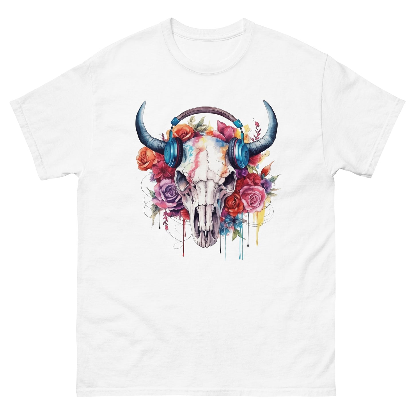 Bull skull in headphones and flowers art, Portrait cow, Flowers illustration - Men's classic tee