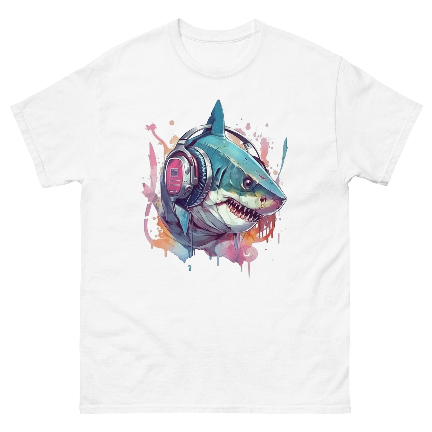 Shark in headphones illustration, Sea animals, Fantasy portrait, Predator fish - Men's classic tee