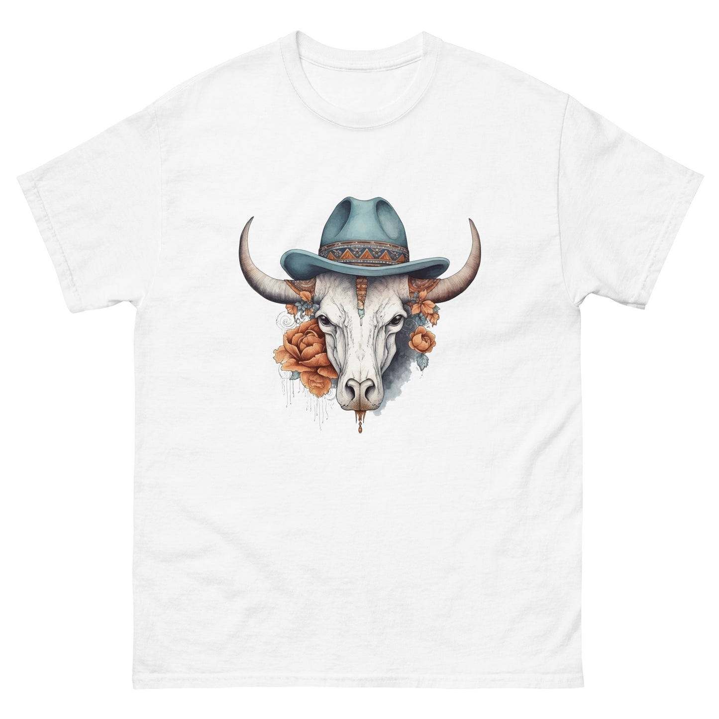 Bull in hat and flowers, T-shirt gifts for farmer, Portrait cow, Horned buffalo, Folk and country style - Men's classic tee