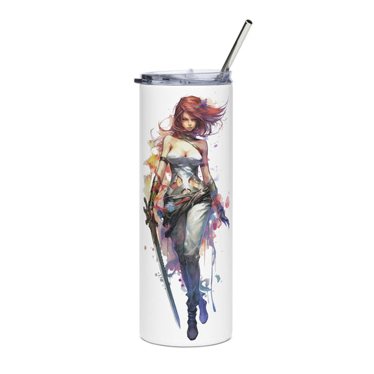 Cyberpunk manga style women, Fantasy warrior girl illustration, Watercolor style female fantastic character with sword - Stainless steel tumbler