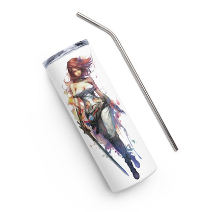 Cyberpunk manga style women, Fantasy warrior girl illustration, Watercolor style female fantastic character with sword - Stainless steel tumbler