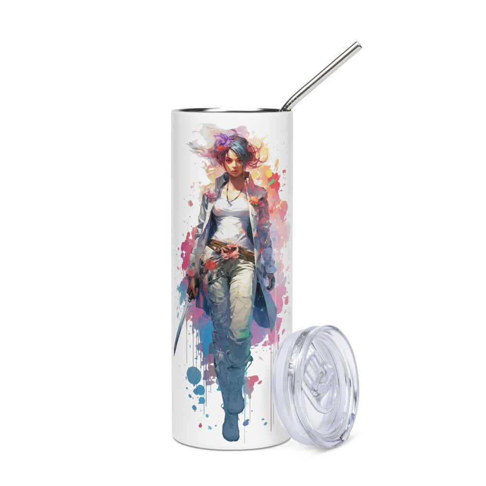Fantasy warrior girl, Watercolor style female fantastic character with sword, Cyberpunk manga style women - Stainless steel tumbler