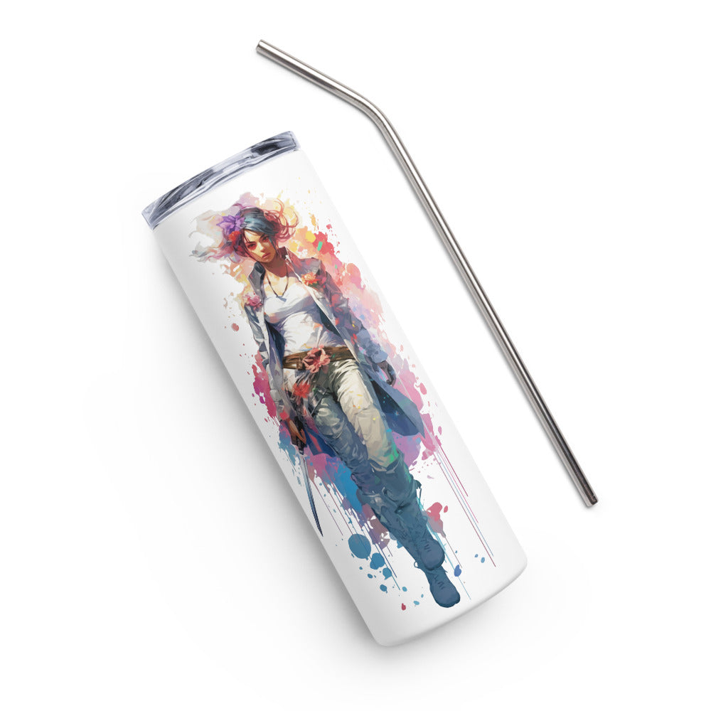 Fantasy warrior girl, Watercolor style female fantastic character with sword, Cyberpunk manga style women - Stainless steel tumbler