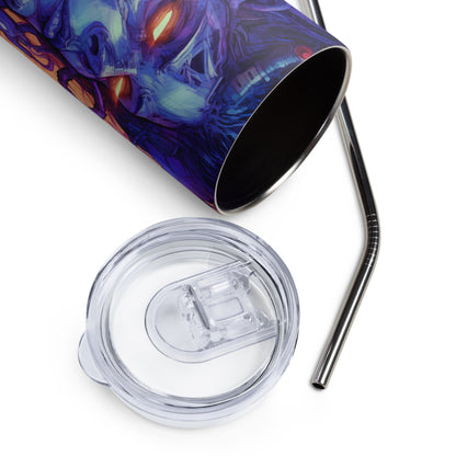 Cyber Medusa Gorgon in cyberpunk futurism style, Hyper detailed illustrations, Fantasy realism, Dark azure and bronze, Woman Structured chaos, Fantastic girl techno witch - Stainless steel tumbler
