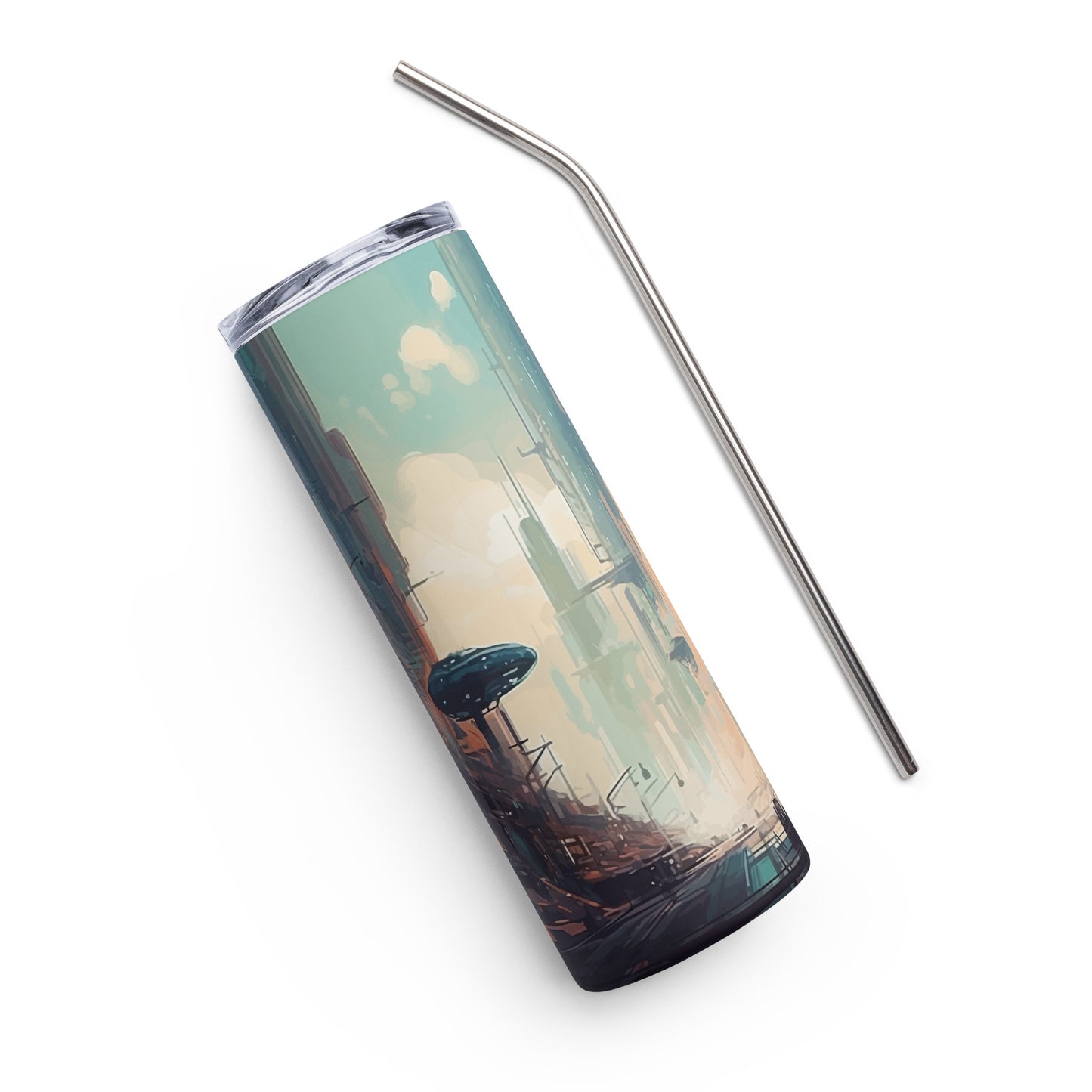 Landscape futuristic painting, Future city illustration, Skyscrapers of the future, Fantasy town, Fantasy high-tech city - Stainless steel tumbler