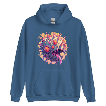 Orange evil eyes, Crazy illustration, Zombie virus with sharp horns and fangs - Unisex Hoodie