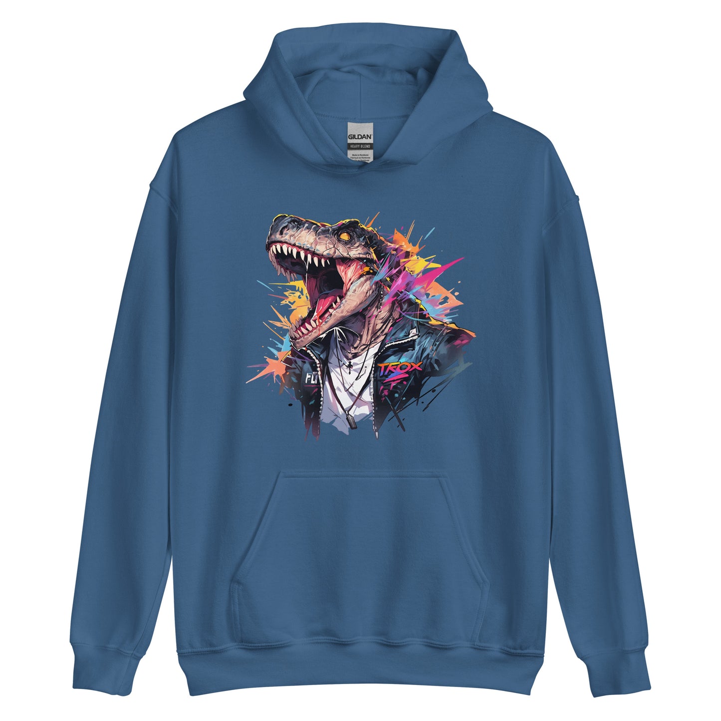 Dino and sharp teeth of hard rock, Dinosaur in leather jacket, Most music reptile in jungle, Dragon solo roar - Unisex Hoodie