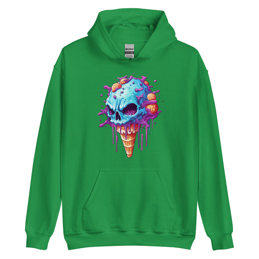 Skull head that has a purple and blue candy, Pop Art illustration, Ice cream skull and red eyes, Cartoon skull with crazy hair and dripping cola - Unisex Hoodie