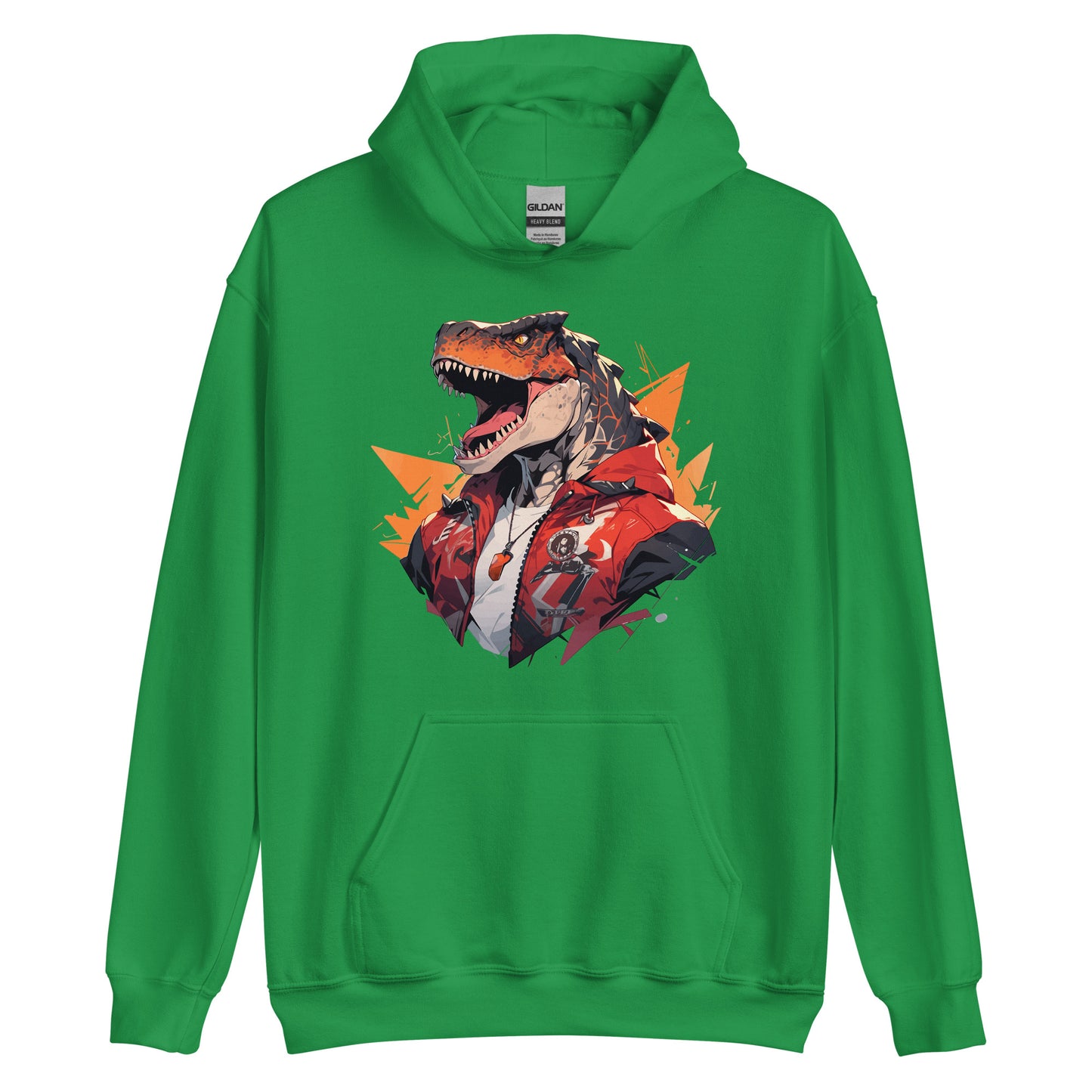 Confident grip and strong jaw, Dinosaur sports trainer in red jacket, Most stylish reptile in the urban jungle, Dino roar - Unisex Hoodie