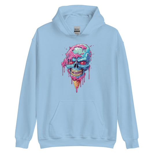 Head bones with purple and blue candies, Ice cream skull and red eyes, Pop Art style illustration, Cartoon skull zombie and crazy ice cream - Unisex Hoodie