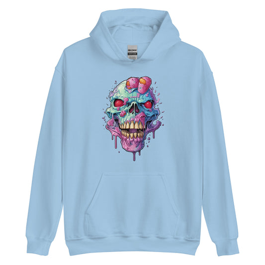 Ice cream skull, Head bones with pink candies and red eyes, Pop Art style illustration, Cartoon skull with crazy dripping ice cream - Unisex Hoodie