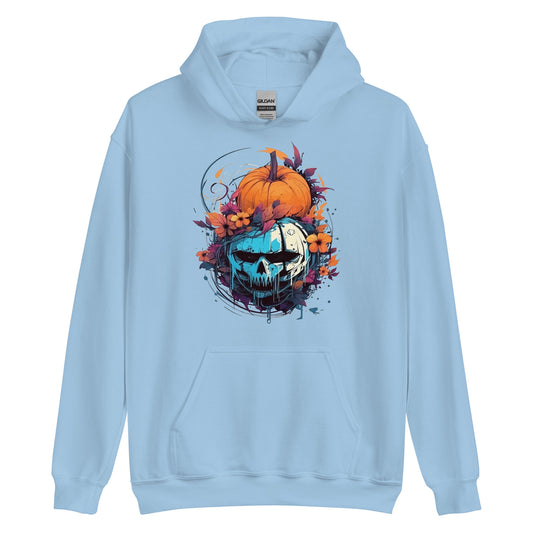 Blue skull horror, Halloween pumpkin and flowers, Fantasy mystical holiday, Magic wild party - Unisex Hoodie