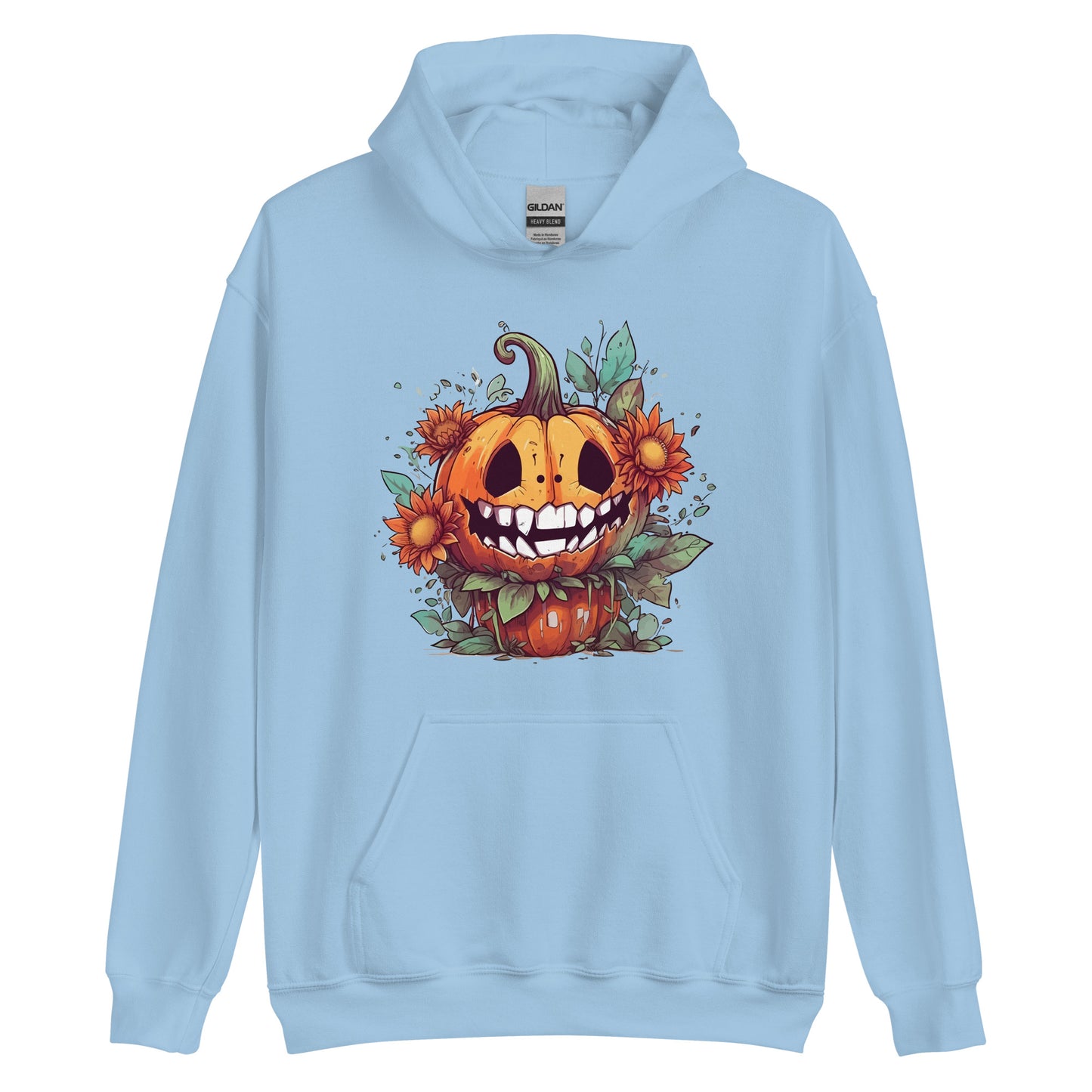 Cartoon smiling pumpkin, Halloween monster and flowers, Fantasy mystical holiday, Magic horror party - Unisex Hoodie