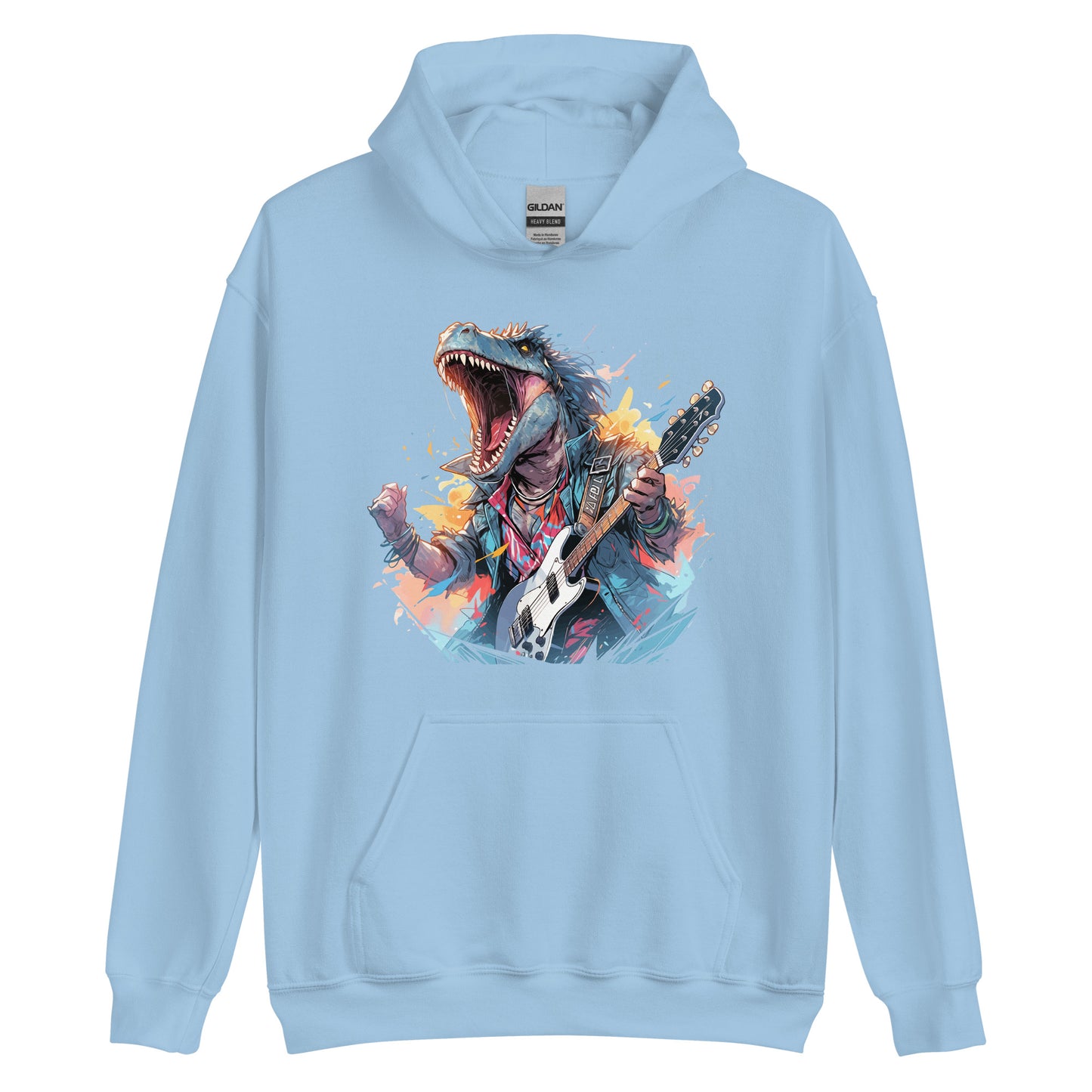 Dinosaur with guitar, Dino and sharp teeth of hard rock, Dragon rock and roll, Most music reptile in urban jungle - Unisex Hoodie