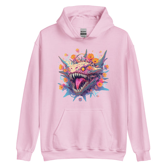 Colorful crazy monster illustration, Orange evil eyes, Mutant with sharp horns and fangs in flowers - Unisex Hoodie