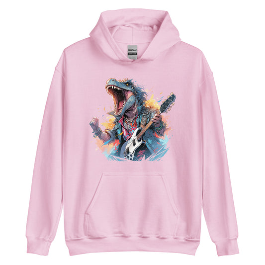 Dinosaur with guitar, Dino and sharp teeth of hard rock, Dragon rock and roll, Most music reptile in urban jungle - Unisex Hoodie