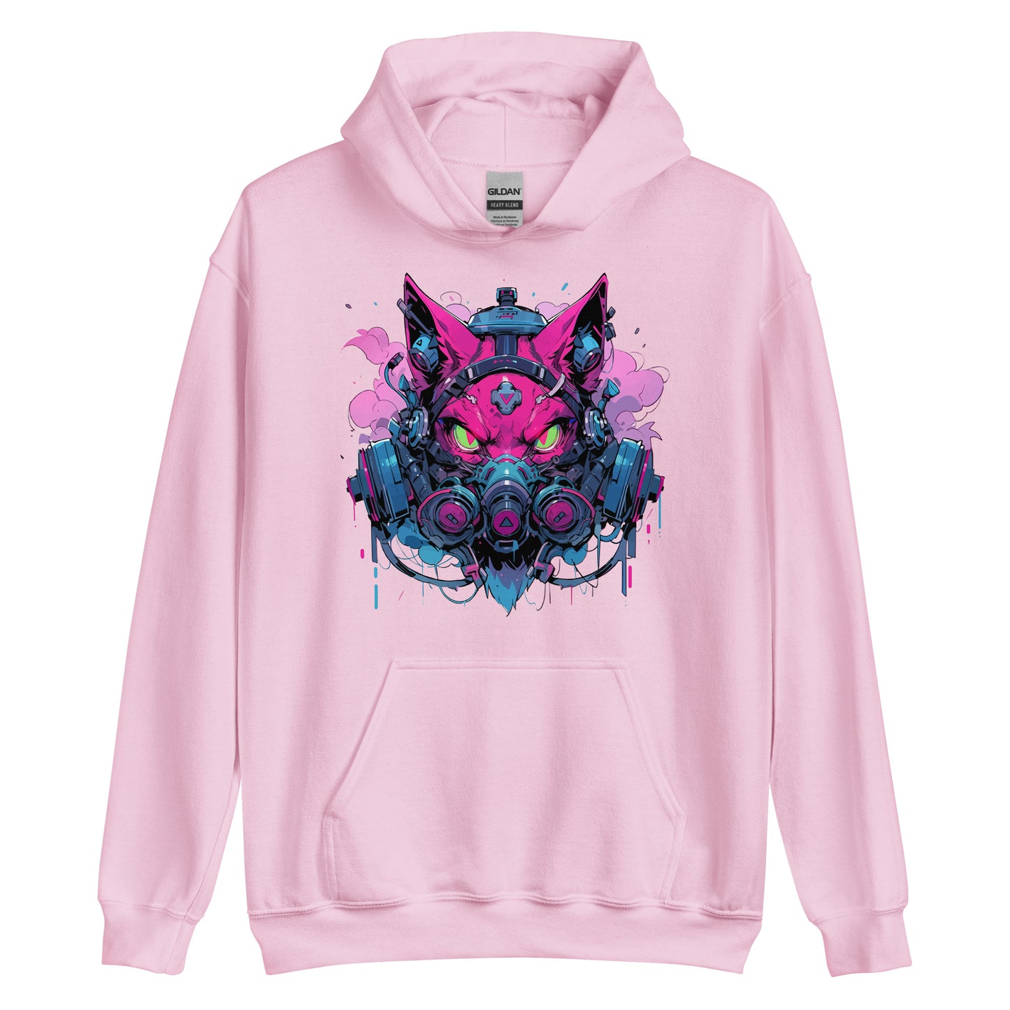 Gas mask on pink angry cat, Fantastic toxic cyber kitty, Green eyes wild cat mutant - Unisex Hoodie