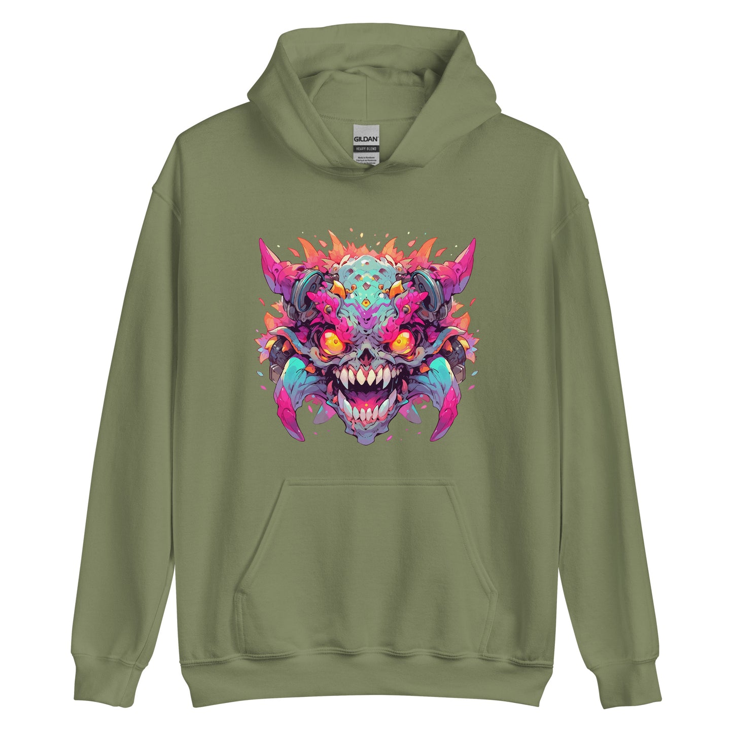 Horned and toothy monster, Crazy colorful illustration, Fantastic yellow evil eyes, Wild mutant - Unisex Hoodie