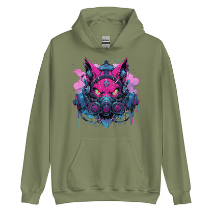 Gas mask on pink angry cat, Fantastic toxic cyber kitty, Green eyes wild cat mutant - Unisex Hoodie