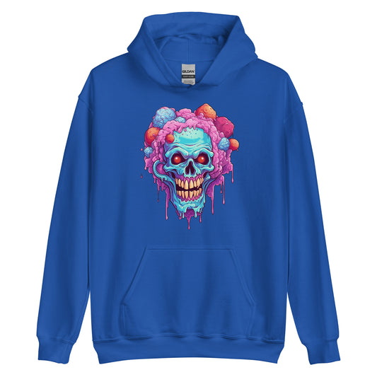 Skull head that has a purple and blue candy, Ice cream skull and red eyes, Creepy clown, Cartoon skull with crazy hair and dripping cola - Unisex Hoodie