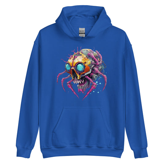 Crab cyber monster, Blue eyes, Detailed cyberpunk illustration, Neon electric colors, Electronic spider zombie - Unisex Hoodie