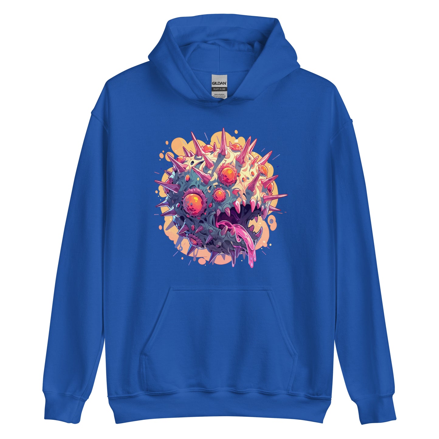 Orange evil eyes, Crazy illustration, Zombie virus with sharp horns and fangs - Unisex Hoodie