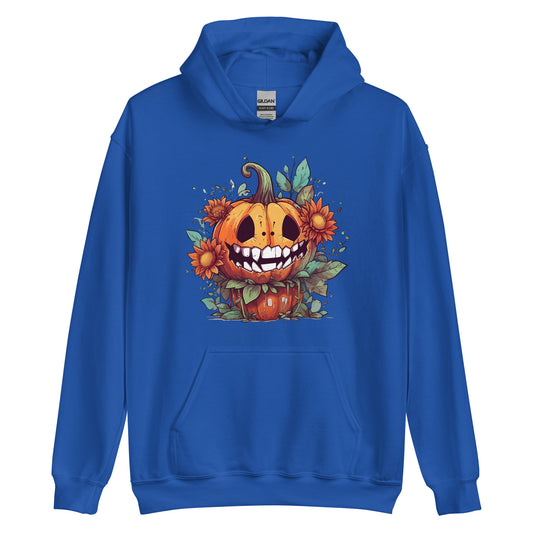 Cartoon smiling pumpkin, Halloween monster and flowers, Fantasy mystical holiday, Magic horror party - Unisex Hoodie